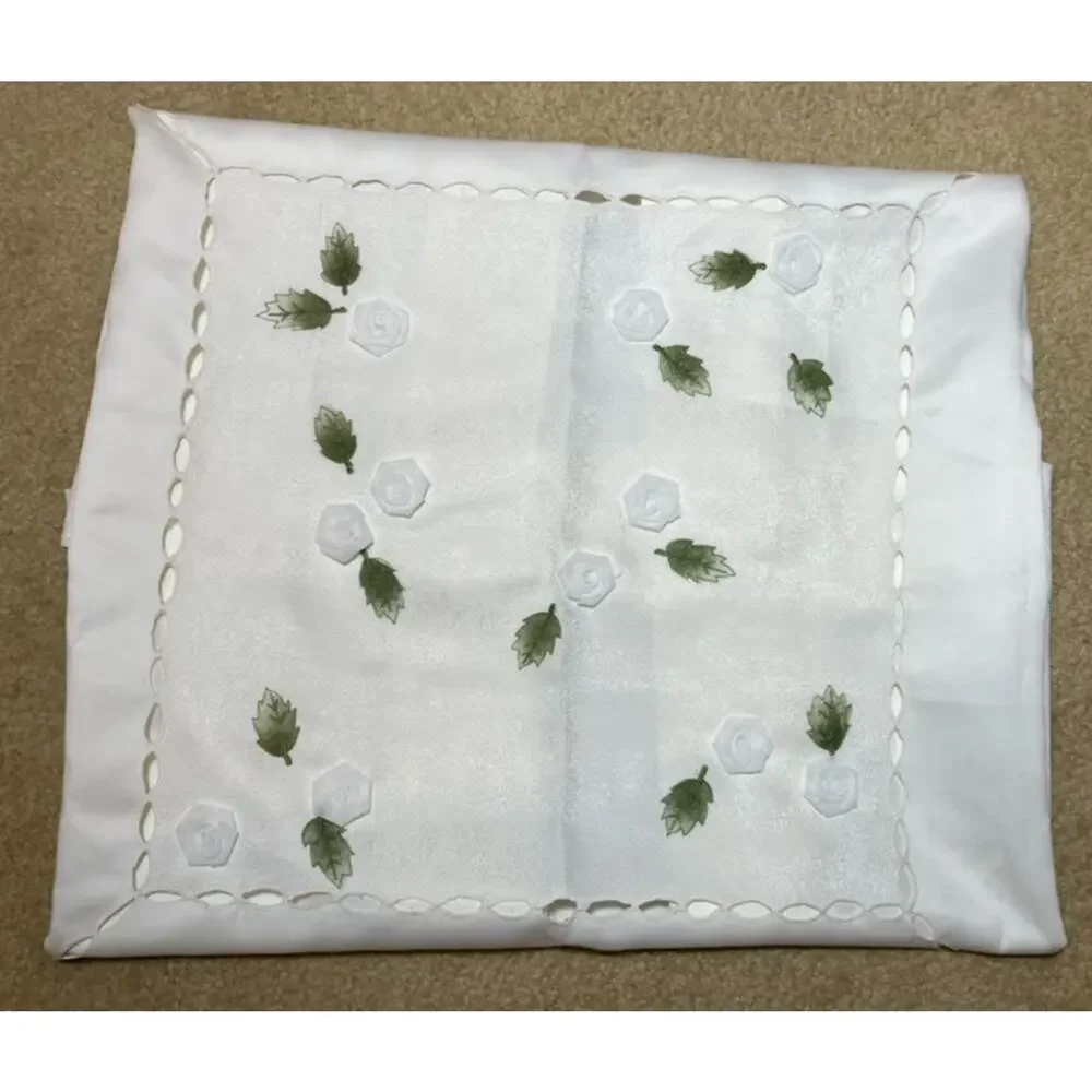 Table Topper White Floral Green Leaf Embellishments Cutwork 39 Inch Square